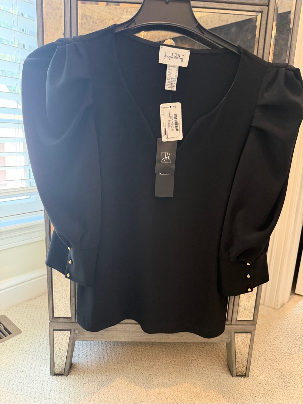 Joseph Ribkoff Black V-Neck Puff Sleeve Blouse